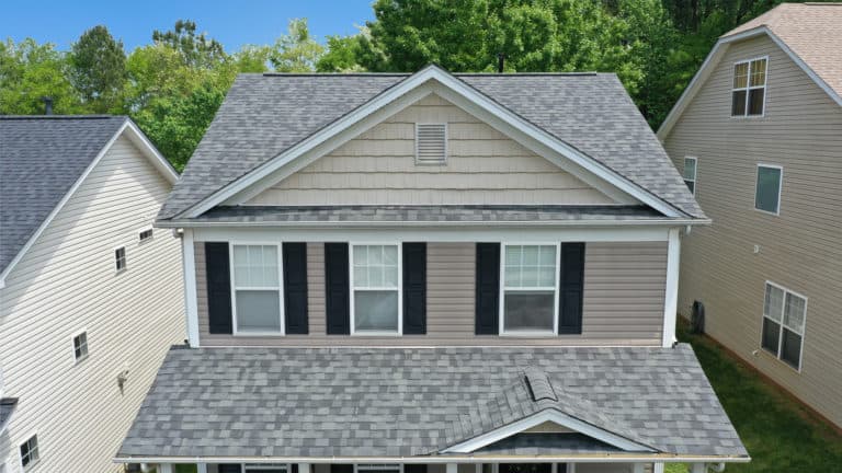 front top view of residential home with oakridge trudef estate gray shingles