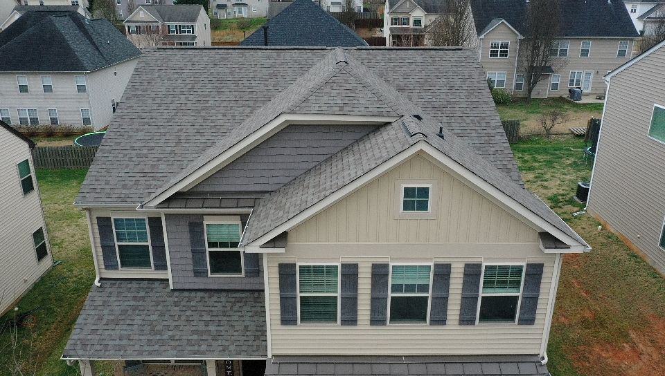 aerial view lincolnton roofing project with gray asphalt shingles