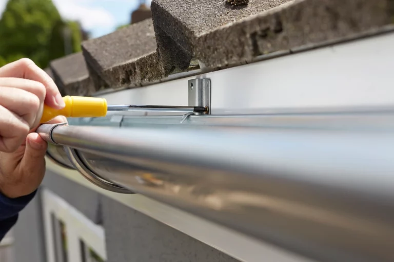 man using screwdriver to install gutters