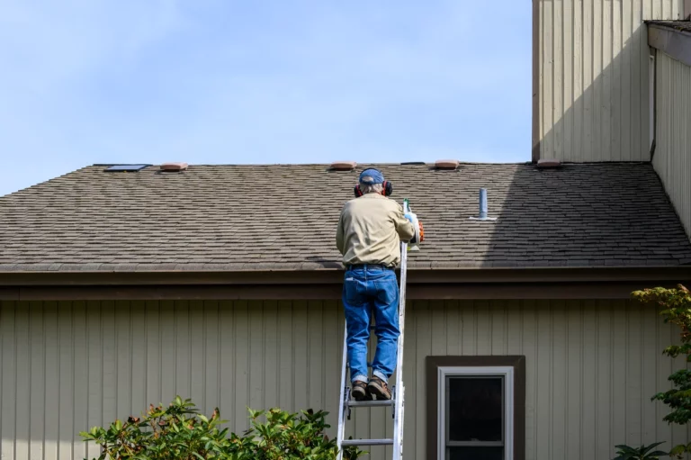 homeowner on the ladder cleaning gutters